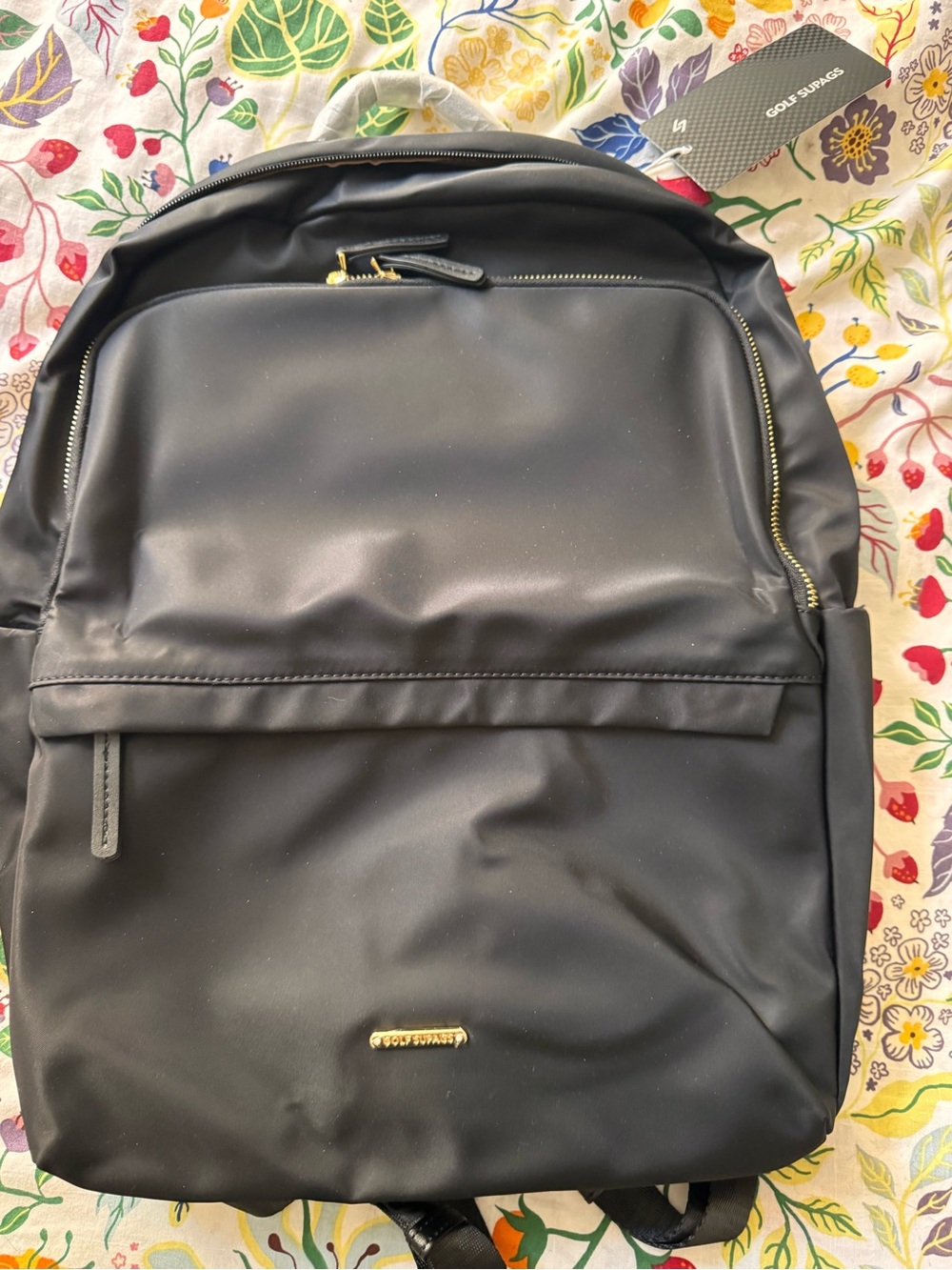 Black Everyday Backpack with Gold Accents. Fits 15.6 inch laptop
